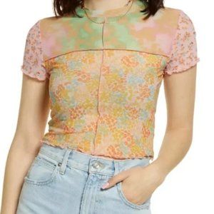 NWT BP Patchwork Sheer Mesh Top Lettuce Edge XS